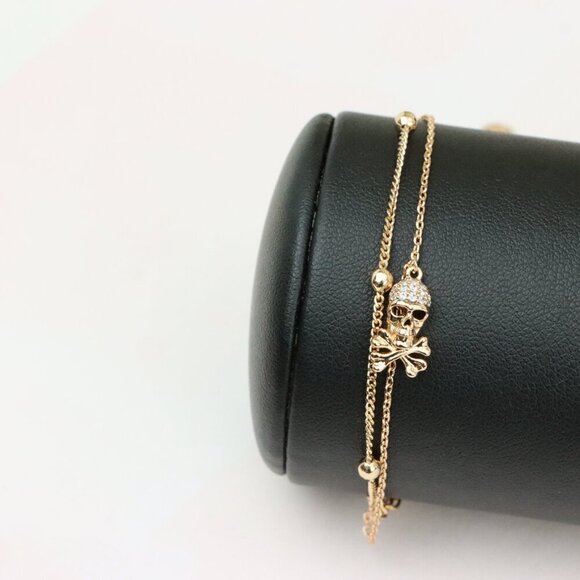 Rose Gold Double Layer Skull Bracelet with Crystal Accents, XPBL0674 - Picture 6 of 12